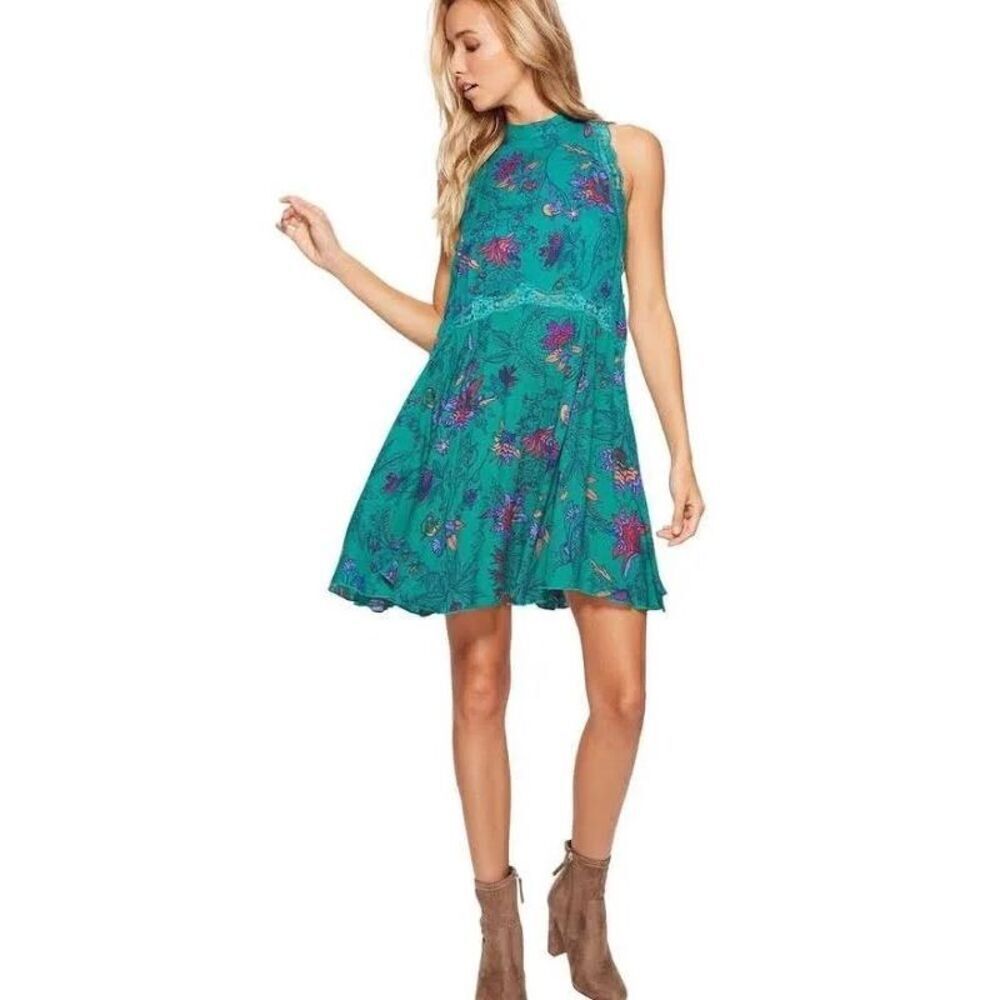 Free People She Moves teal lace trimmed floral chemise dress